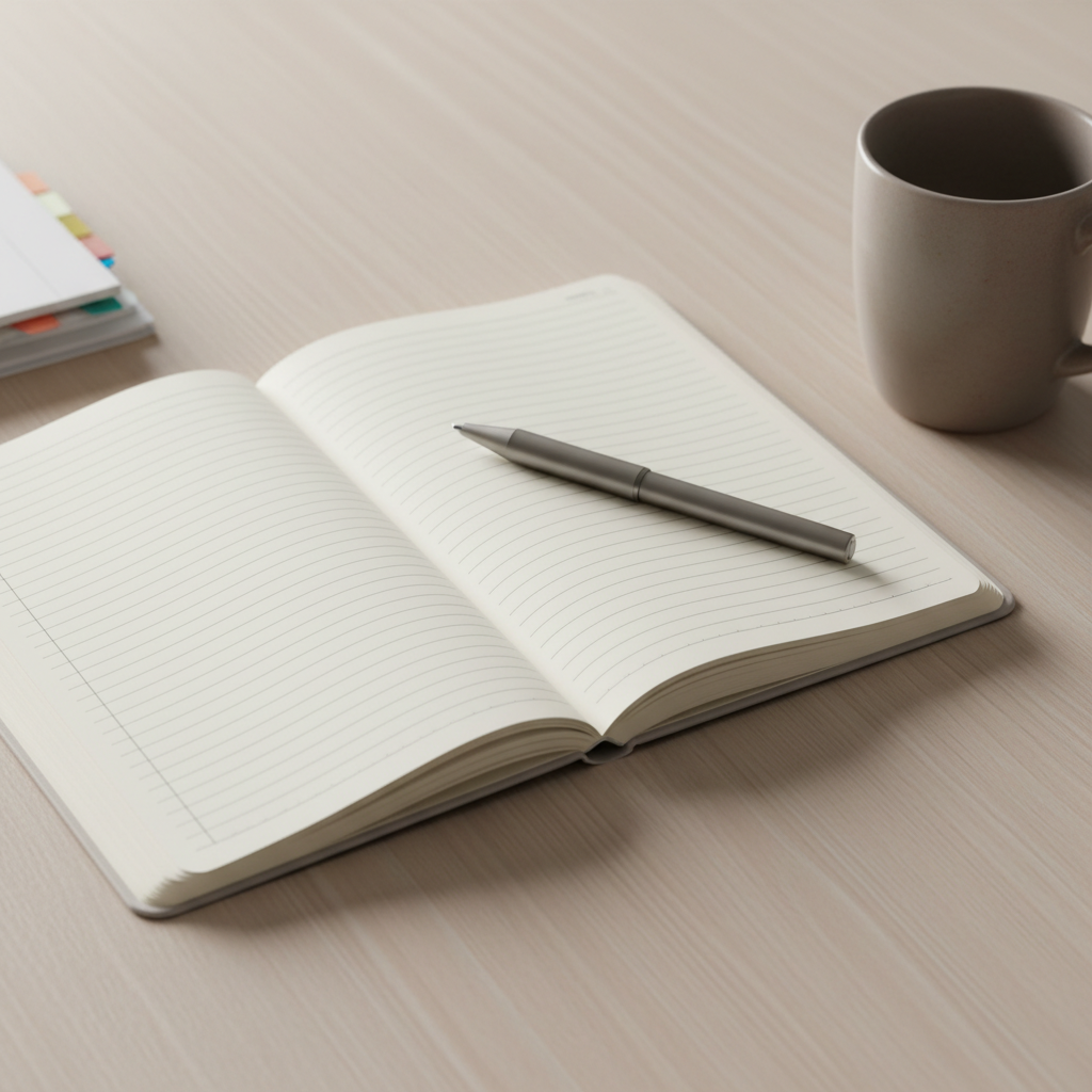 An open, lined ivory notebook with crisp, structured pages, accompanied by a matte silver pen laid diagonally across its surface. The notebook is centered on an uncluttered oak desk with a soft ash finish, accented by the ordered outlines of index tabs and a muted taupe coffee mug at the edge. Subtle overhead studio lighting bathes the scene, casting gentle, evenly distributed highlights and smooth shadows that reinforce an atmosphere of clarity and intent. Captured from a slightly elevated overhead angle, this image employs balanced composition and sharp focus to evoke professionalism and thoughtful study, reinforcing the site’s commitment to practical theology and clear communication.